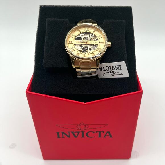 Invicta NWT IN BOX Objet D Art Automatic Men's Watch Skeleton Dial 40mm Gold
